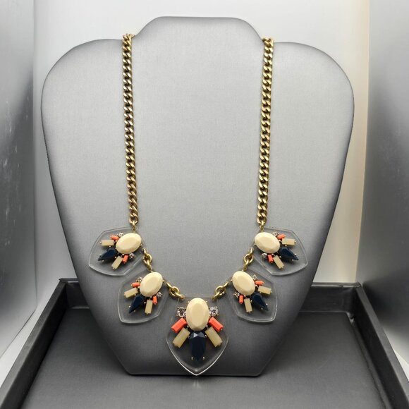 J.Crew Multi-Color Statement Necklace Gold Tone 16" Rhinestones w/ Lucite Shield - Picture 2 of 9